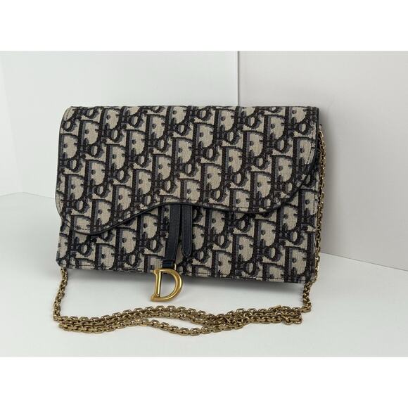 Blue Dior Oblique Jacquard Medium Saddle Pouch with Chain - Picture 1 of 15
